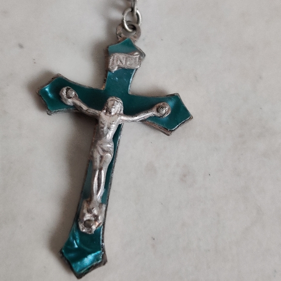 Vintage Blue Glass Rosary Enamel Crucifix INRI - Picture 4 of 13